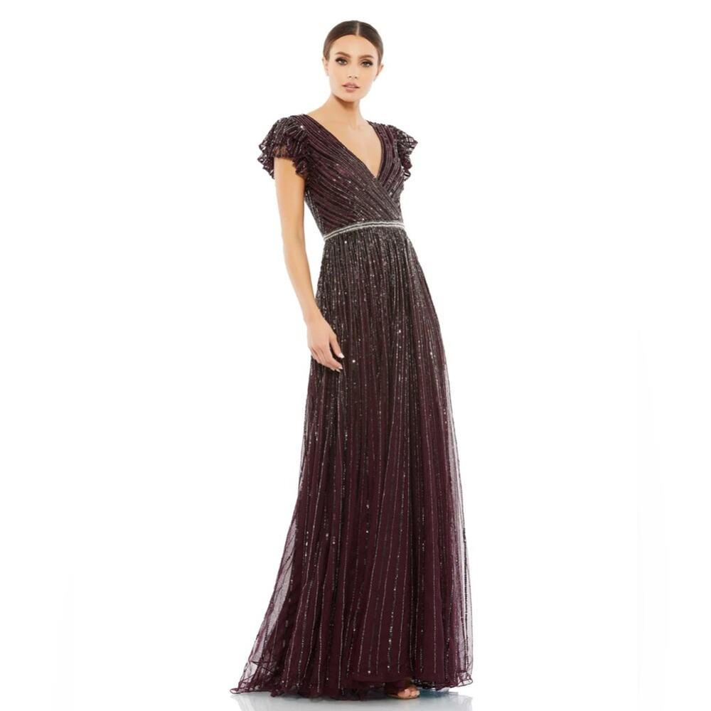 NWT Mac Duggal 5502 Sequined Wrap Over Ruffled Cap Sleeve Gown Blackberry 8